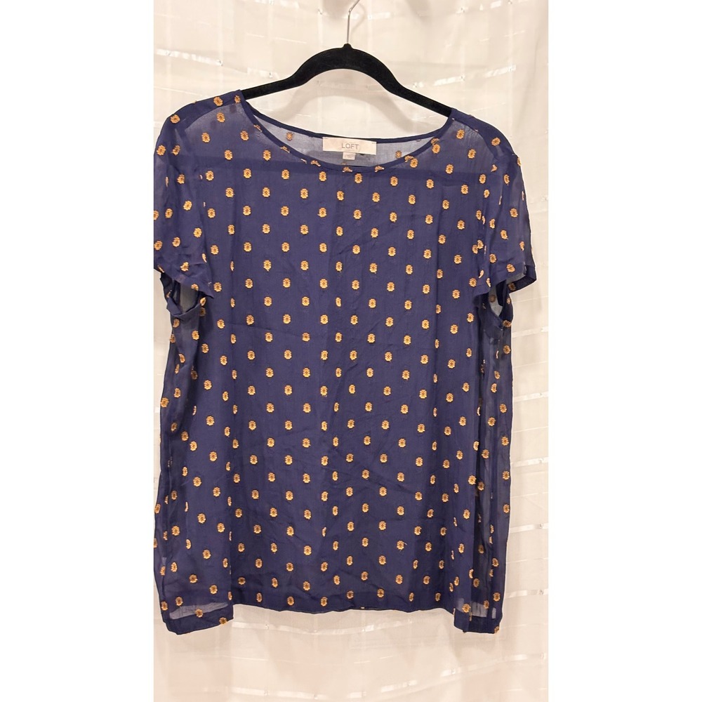 LOFT Ann Taylor Navy Blue Silk Blend Embroidered Medallion Blouse Large